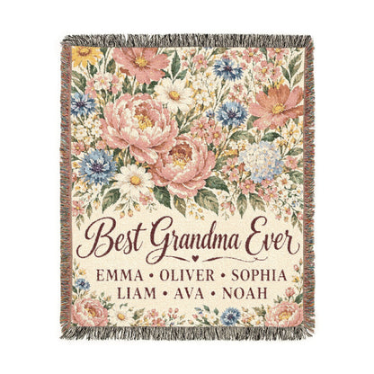 Personalized Grandmother Woven Blanket Tapestry, Grandma Nana Floral Throw Custom Kids Names Mimi First Time Cotton Small Large Wall Hanging