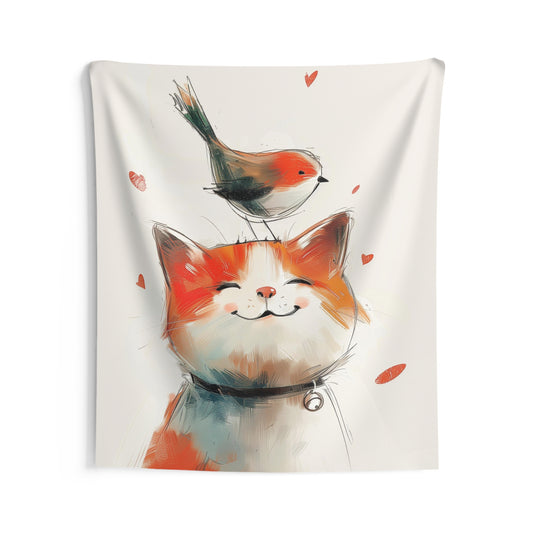 Nursery Tapestry, Cat with Bird on Head Kids Wall Art Hanging Cool Unique Vertical Aesthetic Large Small Bedroom College Dorm Room