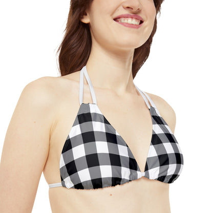 Black and White Gingham Bikini Set, Check High Waisted Cute Cheeky Bottom String Triangle Top Sexy Swimsuits Women Swimwear