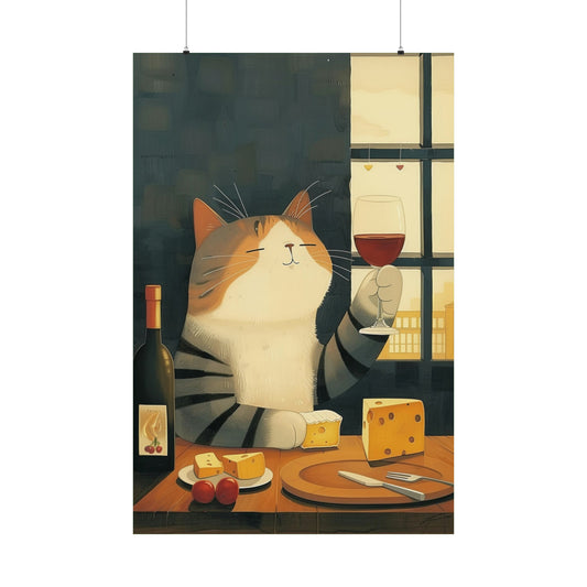 Cat Wine Cheese Poster Print, Funny Drinking Food Kitchen Vintage Retro Wall Art Vertical Paper Artwork Small Large Cool Decor