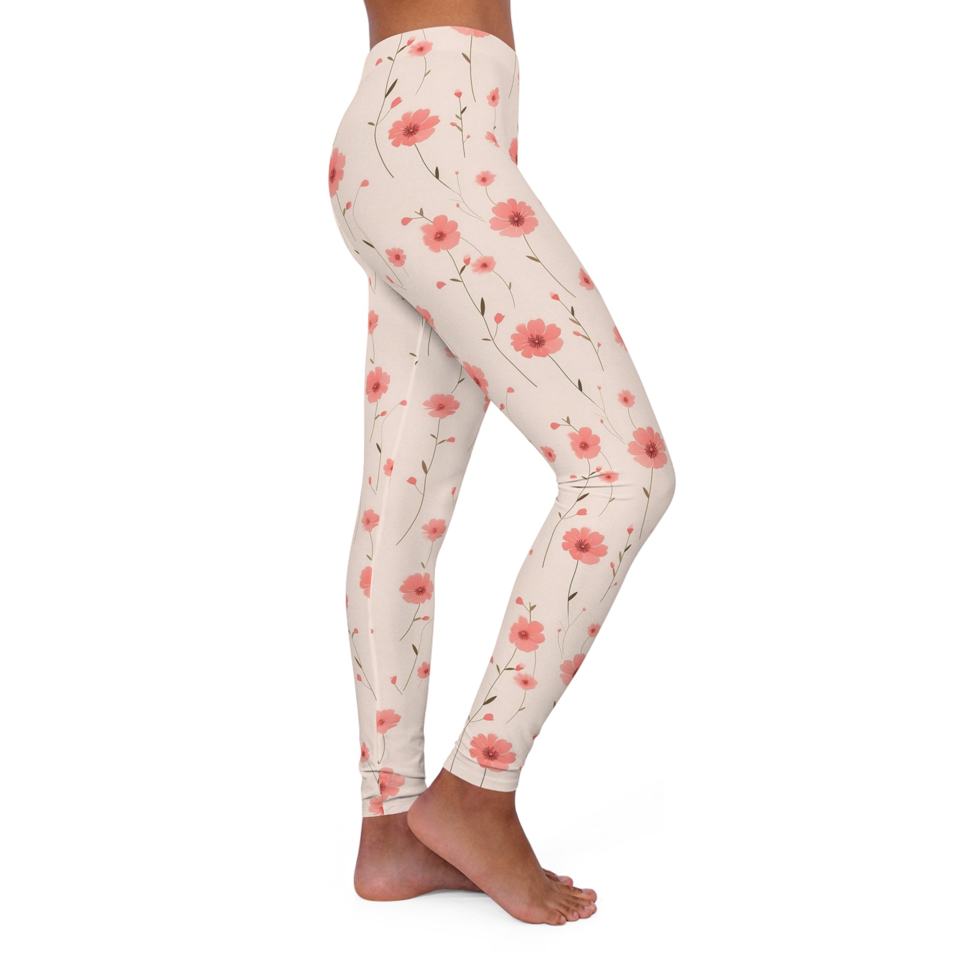 Pink Flowers Leggings Women, Floral Printed Yoga Pants Spandex Skinny Cute Graphic Workout Running Gym Fun Designer Tights Starcove Fashion