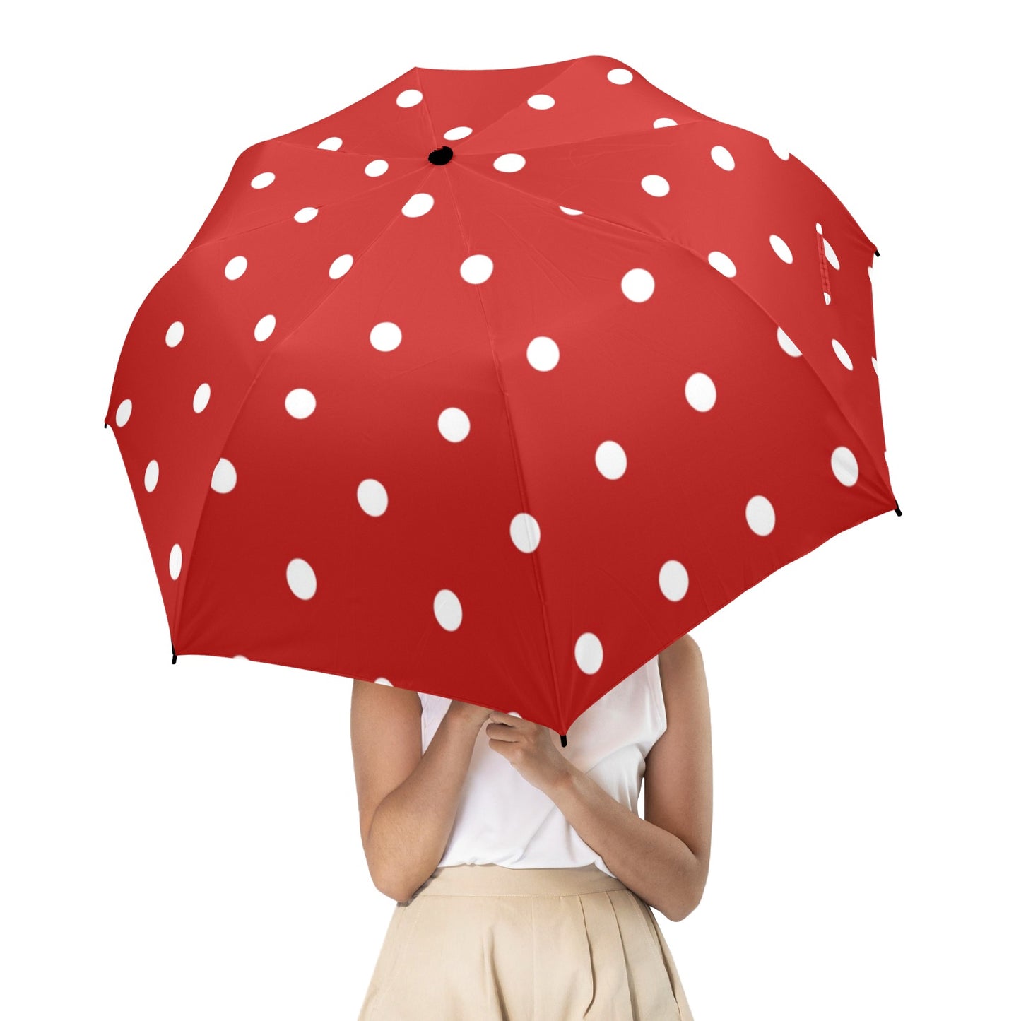 Red Polka Dot Umbrella, White Golf Semi-Automatic Sun Beach Rain Parasol Large Compact Travel Windproof Designer Luxury Folding