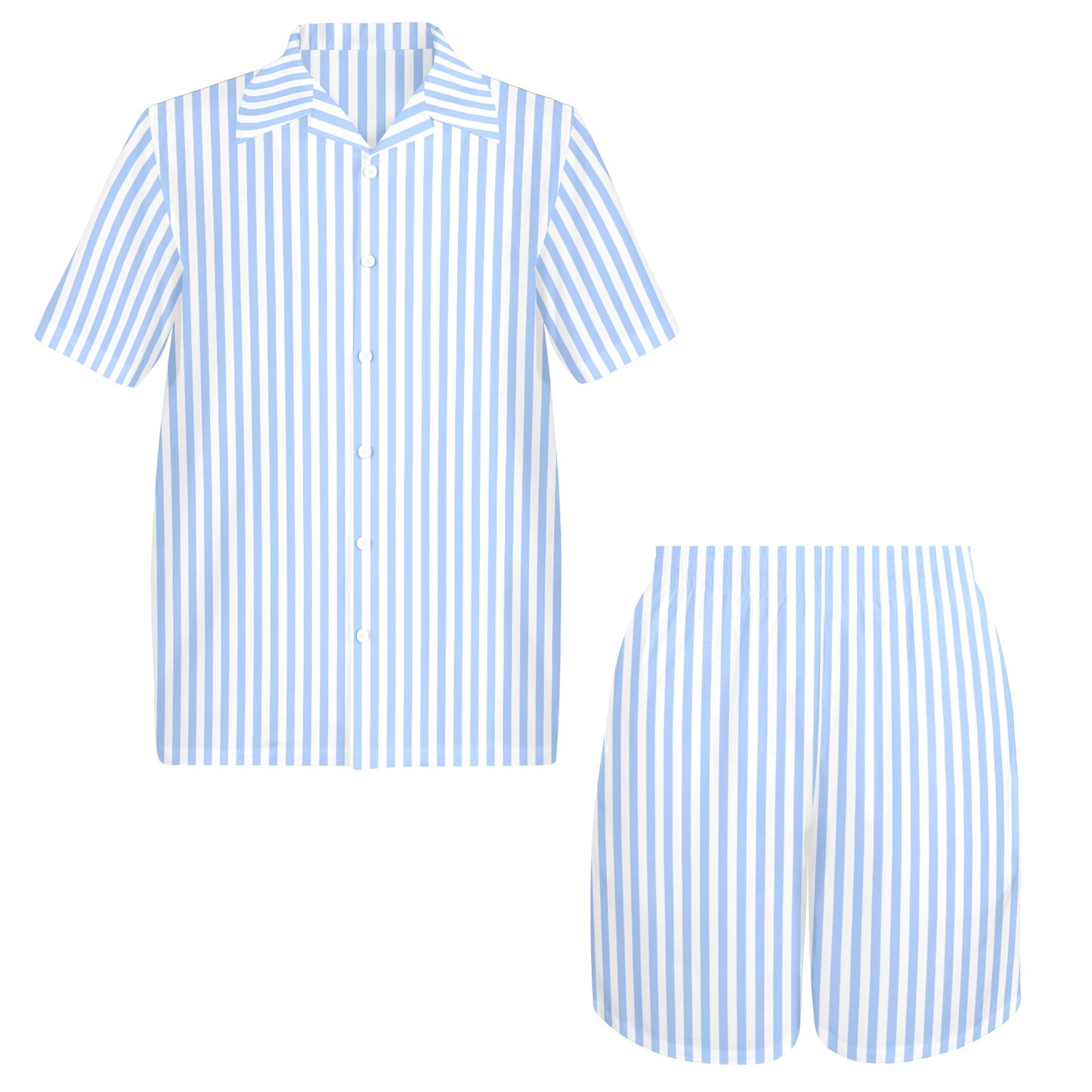 Light Blue Striped Shirt Shorts Outfit Set Men, White vertical Stripe Matching Hawaiian Beach Male Guys Summer Short Sleeve Button Up Down