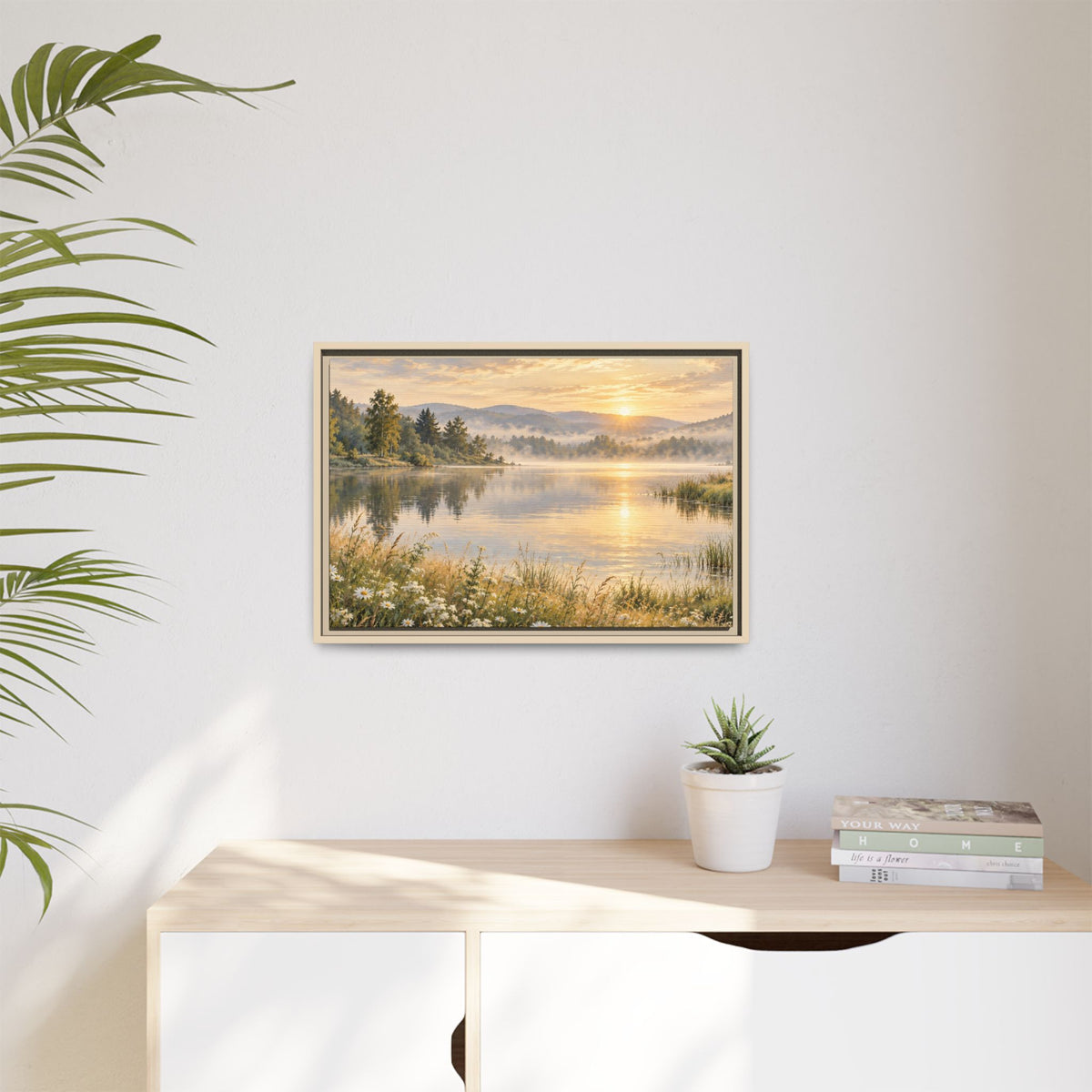 Misty Meadow Lake Wood Framed Canvas, Wildflower Farmhouse Wall Art Print Artwork Decor Small Large Hanging Matte Landscape Square Poster