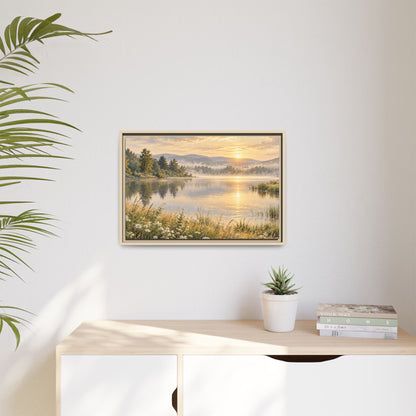 Misty Meadow Lake Wood Framed Canvas, Wildflower Farmhouse Wall Art Print Artwork Decor Small Large Hanging Matte Landscape Square Poster
