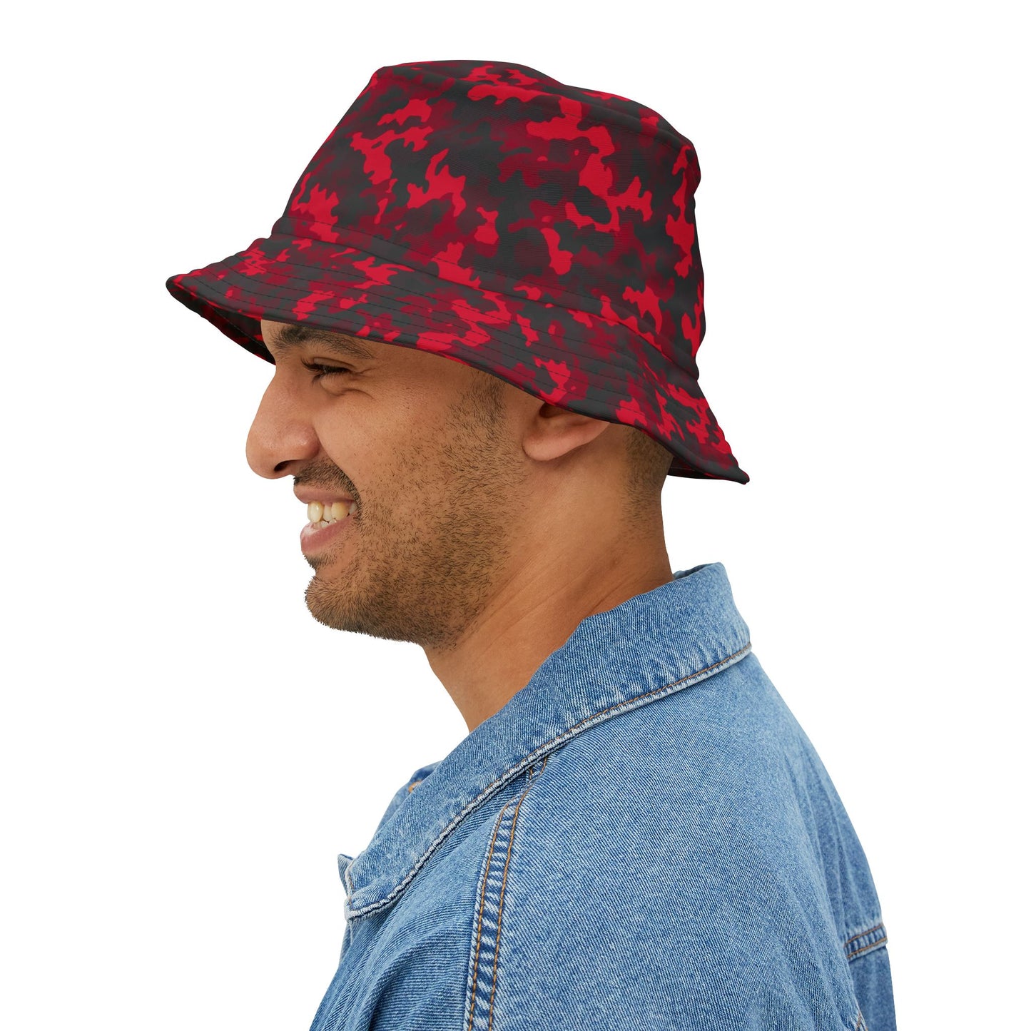 Red Camo Bucket Cap Hat, Black Camouflage Beach Women Men Kids Golf Summer Festival Cute Designer Sun Shade Ladies Small Large Guys