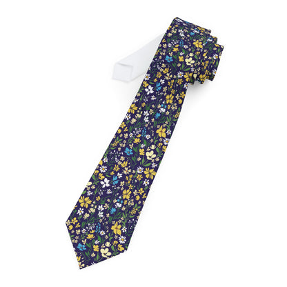 Floral Necktie, Yellow Flowers Purple Neck Tie Fancy Classic Chic Gift for Him Men Tuxedo Groomsmen Groom Wedding Suit Cravat