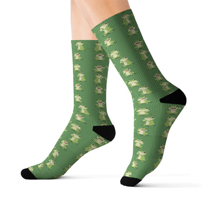 Frog Socks, Poses Green Funny Crew Sublimation Women Men Designer Fun Novelty Cool Funky Crazy Casual Cute Unique Dress