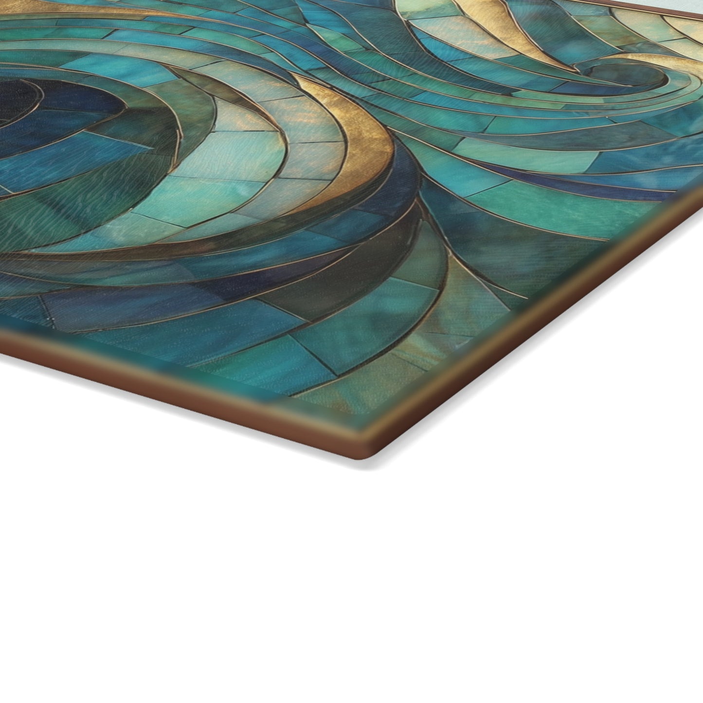 Coastal Stained Glass Cutting Board, Ocean Waves Teal Mosaic Printed Wood Charcuterie Cheese Chopping Tempered Small Large Kitchen