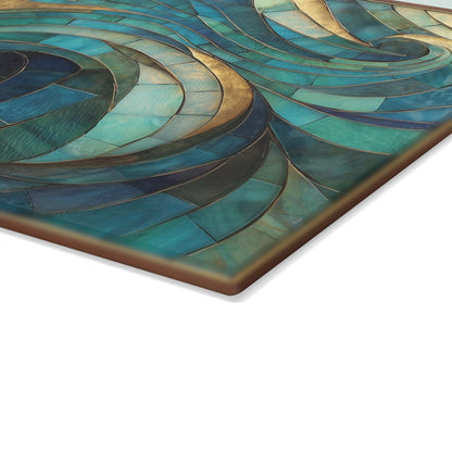 Coastal Stained Glass Cutting Board, Ocean Waves Teal Mosaic Printed Wood Charcuterie Cheese Chopping Tempered Small Large Kitchen