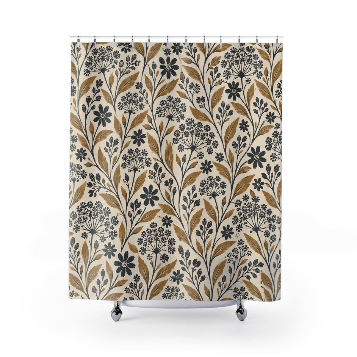 Rustic Boho Floral Shower Curtain, Cream Gold Black Botanical Wildflower Nature Bathroom Decor Waterproof Fabric Housewarming Gift 71" x 74"