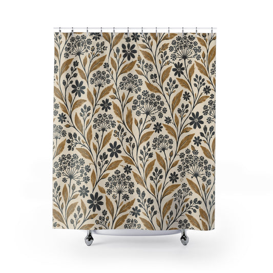 Rustic Boho Floral Shower Curtain, Cream Gold Black Botanical Wildflower Nature Bathroom Decor Waterproof Fabric Housewarming Gift 71" x 74"