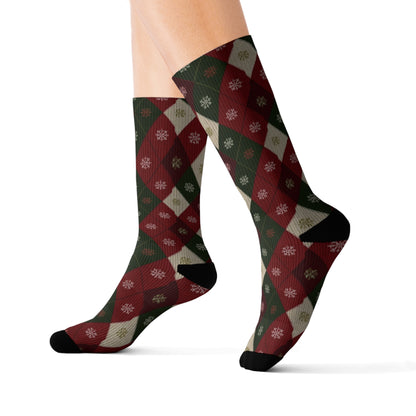 Argyle Socks, Red Green Snowflake Christmas Festive Crew Sublimation Women Men Designer Fun Novelty Cool Casual Cute Unique Dress