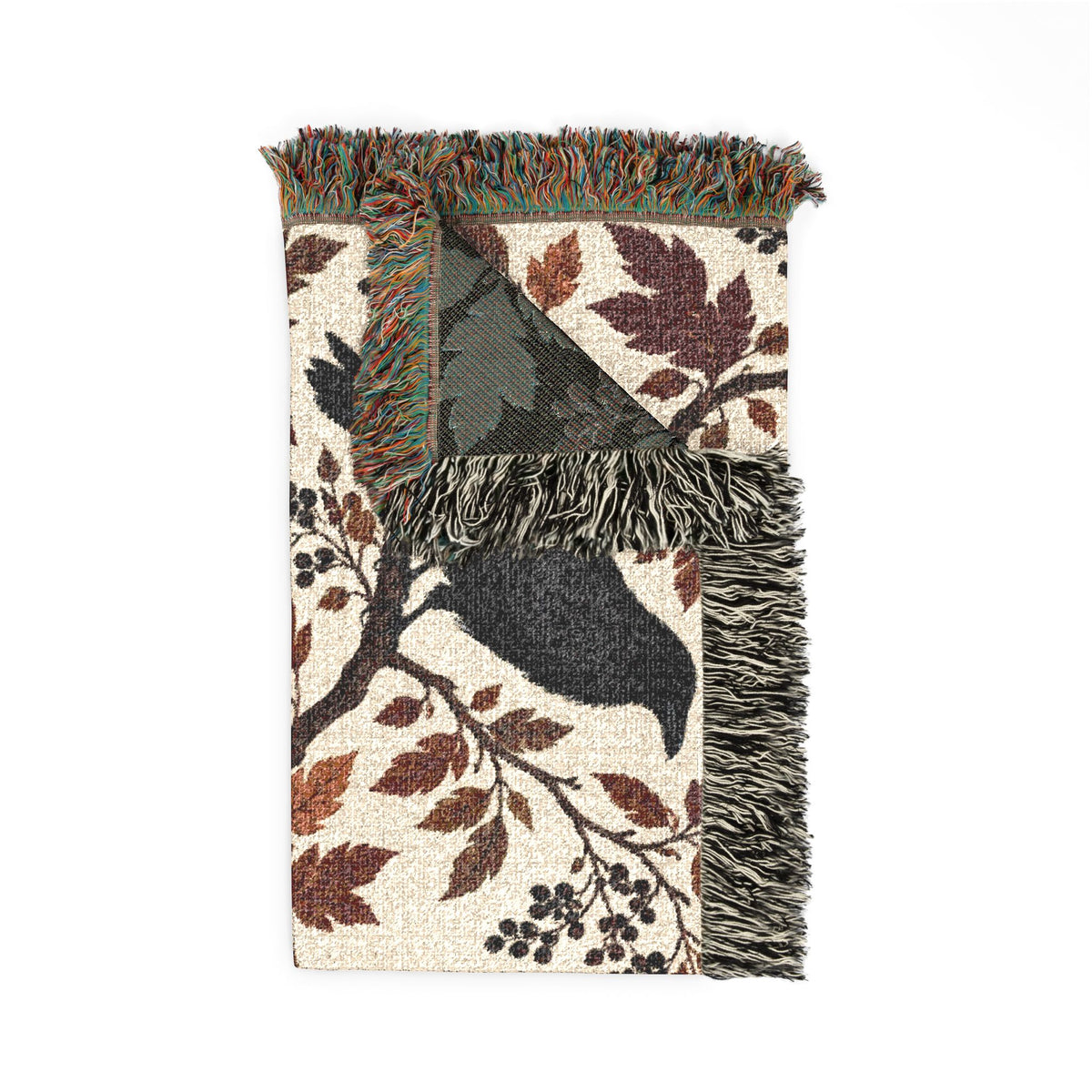 Black Raven Floral Woven Throw Blanket Tapestry, Halloween Autumn Fall Boho Gothic Crow Cotton Fringe Adult Kids Small Large Bed 50x60 Wall