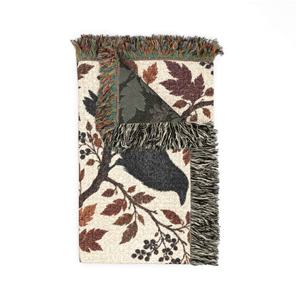 Black Raven Floral Woven Throw Blanket Tapestry, Halloween Autumn Fall Boho Gothic Crow Cotton Fringe Adult Kids Small Large Bed 50x60 Wall