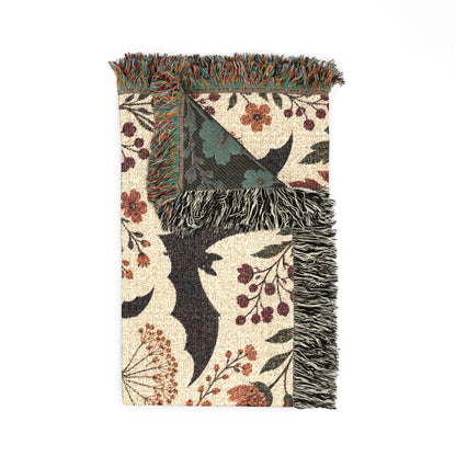 Bat Floral Woven Throw Blanket Tapestry, Halloween Autumn Fall Boho Cotton Fringe Warm Adult Kids Small Large Sofa Bed 50x60 Wall Hanging
