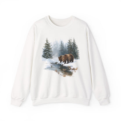 Grizzly Bears Wilderness Scene Sweatshirt, Retro Trees White Graphic Crewneck Fleece Cotton Sweater Jumper Pullover Men Women Designer Top