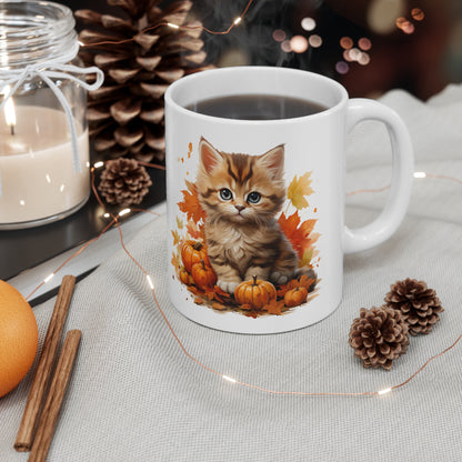 Cat Fall Pumpkins Coffee Mug, Autumn Leaves Kitten Thanksgiving Cute Art Ceramic Cup Tea Hot Chocolate Unique Cool Novelty