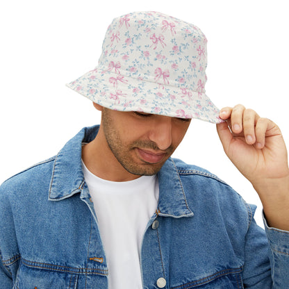 Pink Rose Bows Bucket Cap Hat, White Floral Flowers Print Beach Women Men Golf Summer Festival Cute Designer Sun Shade Ladies Small Large