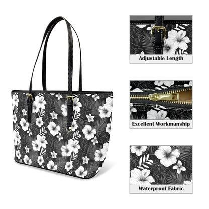 Black White Floral Tote Bag Purse, Hibiscus Flowers Art Women Vegan Leather Handbag  Zip on Top Designer Handmade Shoulder Ladies Bag