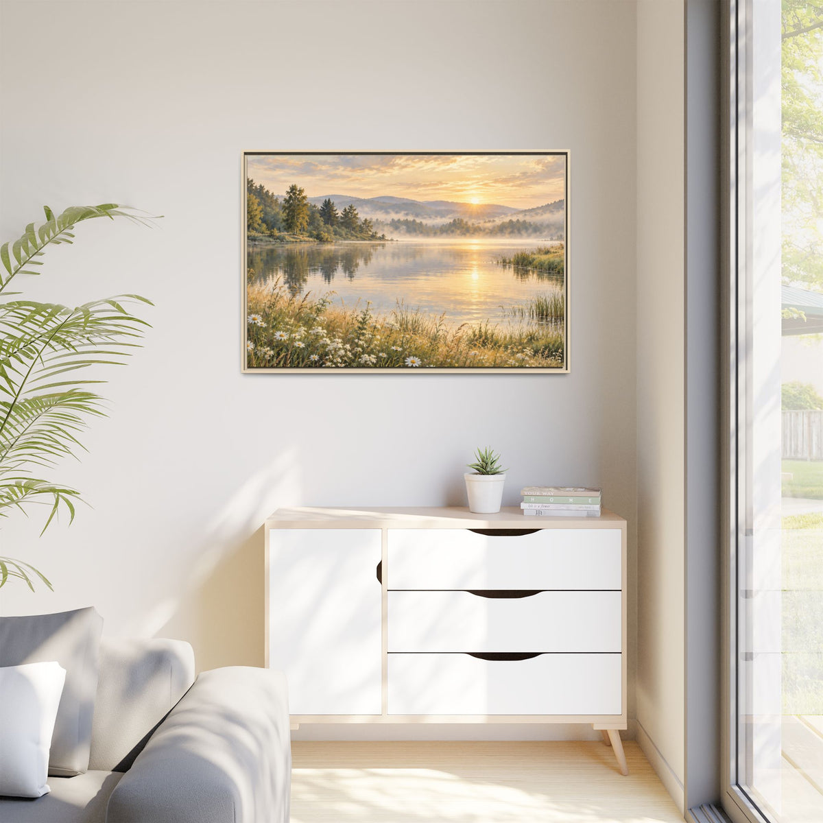 Misty Meadow Lake Wood Framed Canvas, Wildflower Farmhouse Wall Art Print Artwork Decor Small Large Hanging Matte Landscape Square Poster