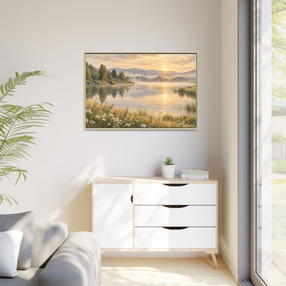 Misty Meadow Lake Wood Framed Canvas, Wildflower Farmhouse Wall Art Print Artwork Decor Small Large Hanging Matte Landscape Square Poster