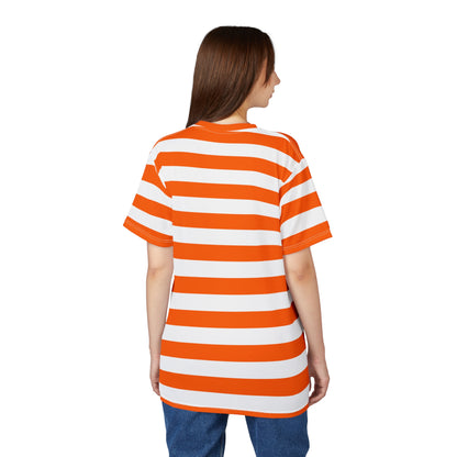 Orange White Striped Tshirt, Stripe Designer Aesthetic Lightweight Heavyweight Crewneck Men Women Tee Top Short Sleeve Shirt