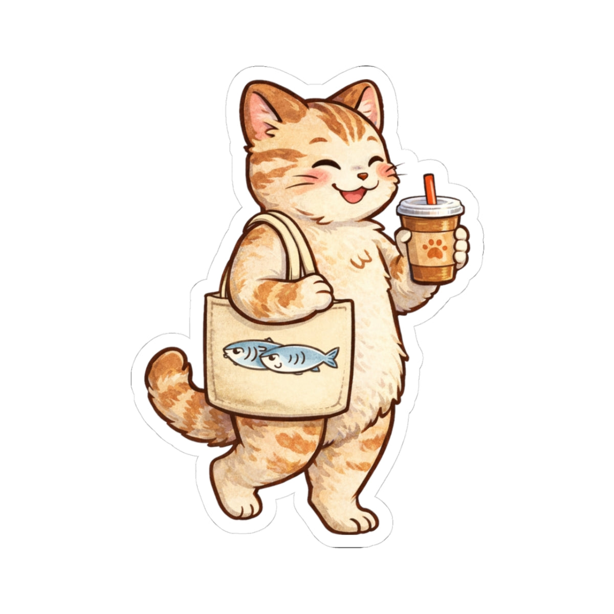 Happy Cat Sticker Decal, Coffee Kawaii Tote Bag Funny Art Vinyl Laptop Cute Waterbottle Tumbler Car Waterproof Bumper Clear Aesthetic Wall