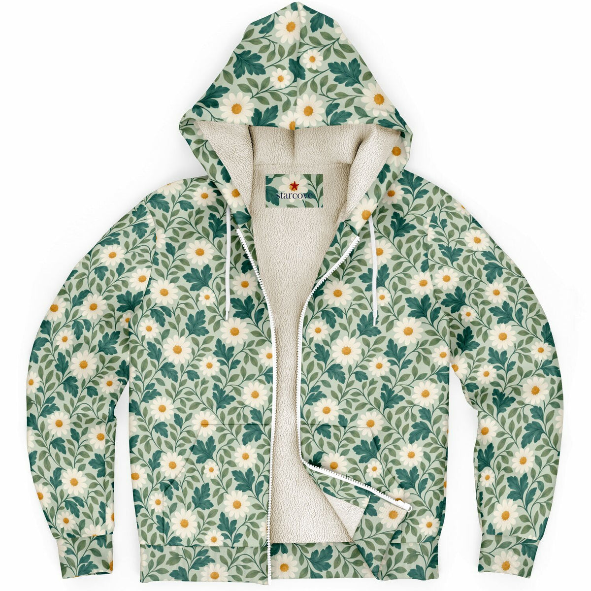 Daisy Zip Up Fleece Lined Hoodie, Floral Green Flowers Sherpa Heavyweight Full Zipper Pocket Men Women Unisex Hooded Sweatshirt Jacket