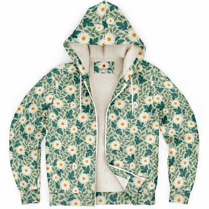 Daisy Zip Up Fleece Lined Hoodie, Floral Green Flowers Sherpa Heavyweight Full Zipper Pocket Men Women Unisex Hooded Sweatshirt Jacket