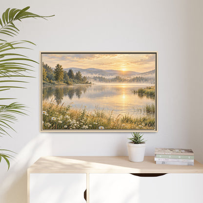 Misty Meadow Lake Wood Framed Canvas, Wildflower Farmhouse Wall Art Print Artwork Decor Small Large Hanging Matte Landscape Square Poster