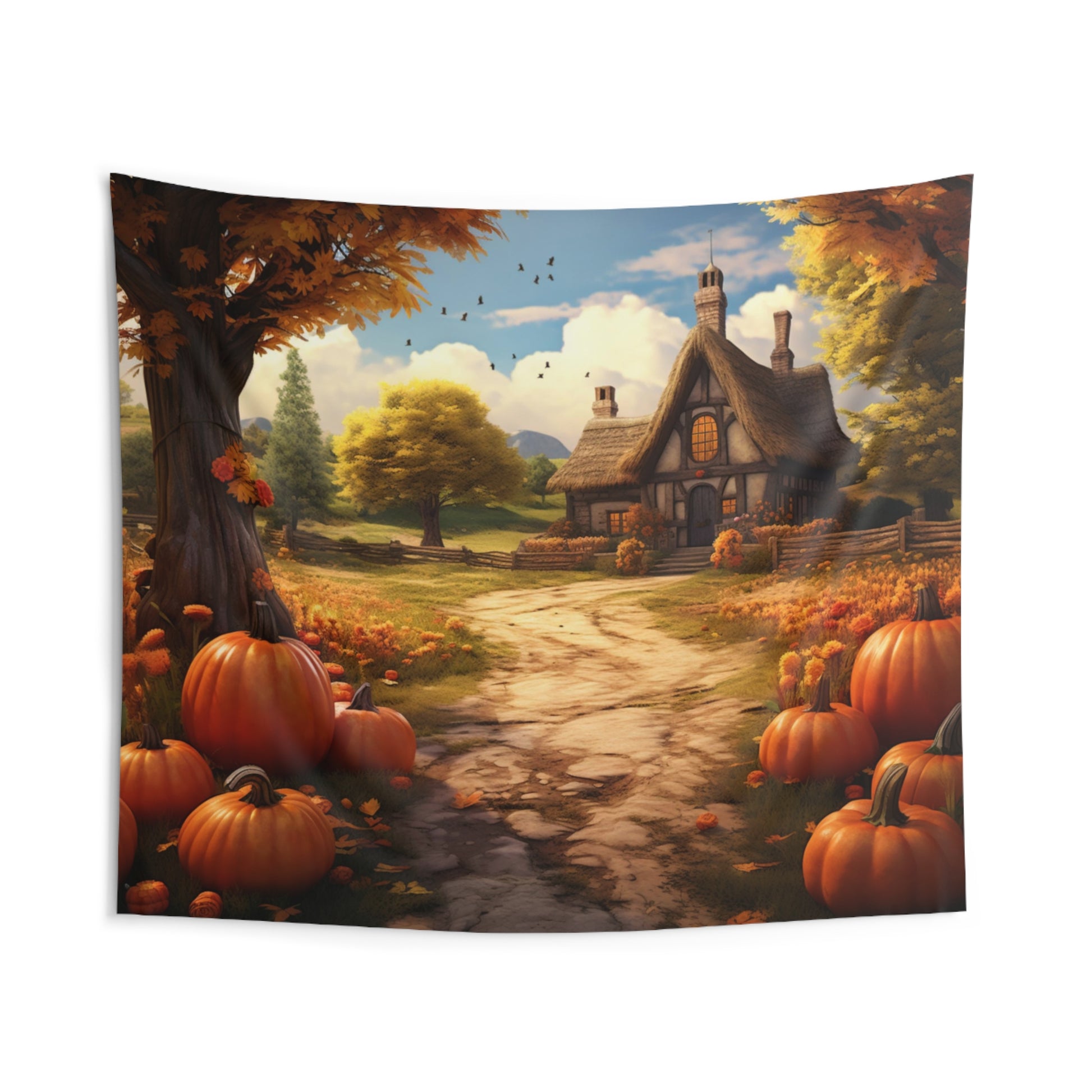 Pumpkin Patch Tapestry, Fall Autumn Leaves Cottage Wall Art Hanging Unique Landscape Aesthetic Large Small Bedroom College Dorm Room Starcove Fashion