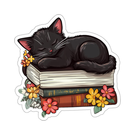 Black Cat Sleeping Books Sticker, Floral Flowers Reading Kindle Wall Decal Art Vinyl Cute Waterbottle Waterproof Laptop Clear Small Large