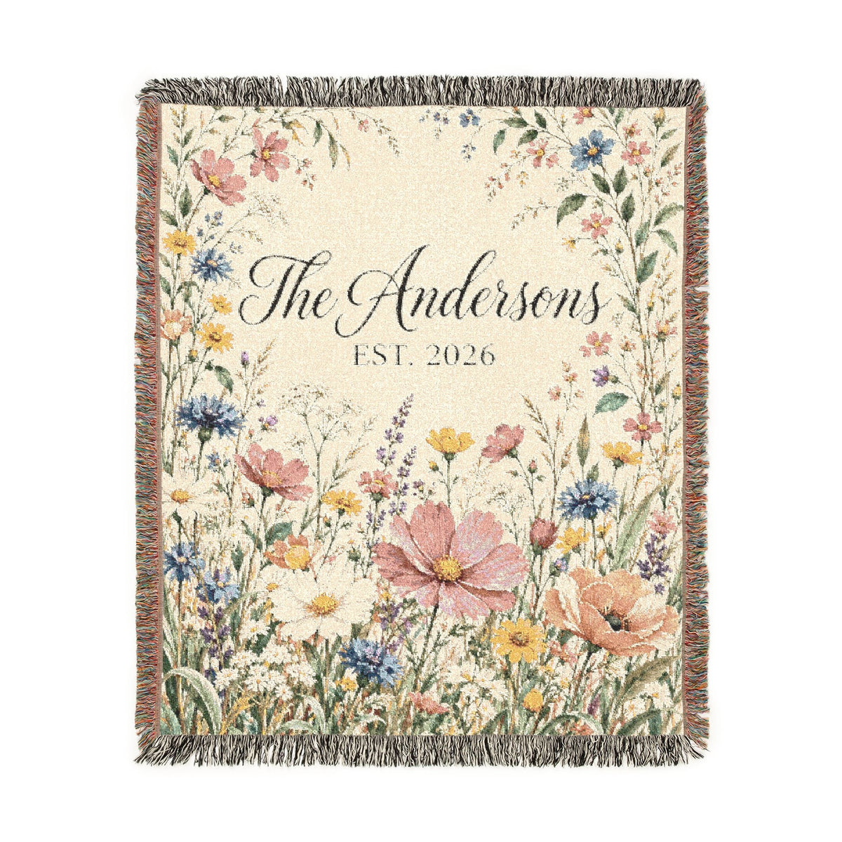 Custom Family Name Woven Blanket Tapestry, Wildflowers Throw Floral Botanical Personalized Wedding Anniversary Engagement Cotton Small Large