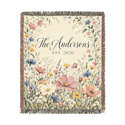 Custom Family Name Woven Blanket Tapestry, Wildflowers Throw Floral Botanical Personalized Wedding Anniversary Engagement Cotton Small Large