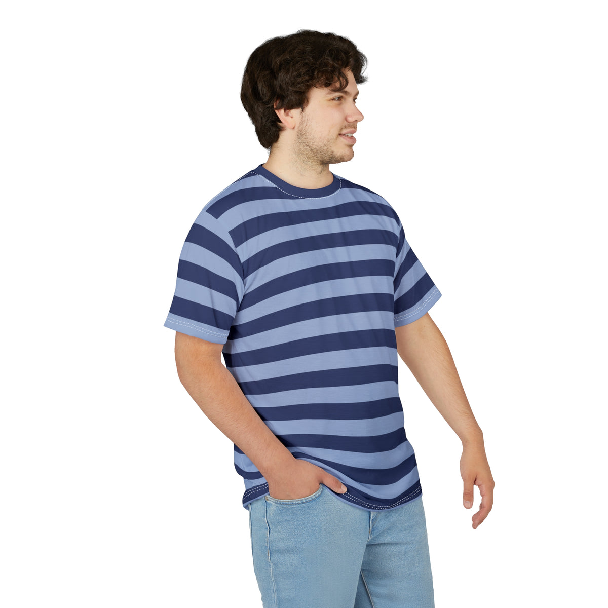 Dark and Light Blue Tshirt, Navy Striped Stripe Designer Graphic Lightweight Heavyweight Crewneck Men Women Tee Top Short Sleeve Shirt