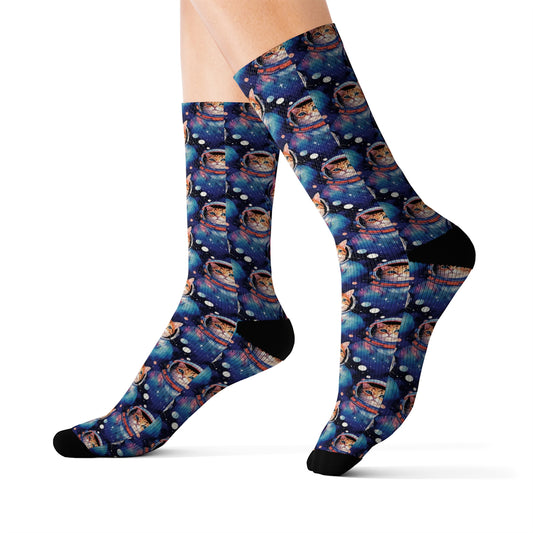 Cats in Space Socks, Astronaut Crew Sublimation Women Men Designer Fun Novelty Cool Funky Crazy Casual Cute Unique Dress