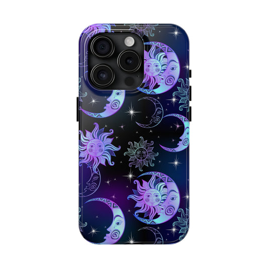Sun Moon Stars Tough Phone Case, Celestial Purple iPhone 16 15 14 13 Pro Max 12 11 X XR XS SE 7 8 Plus Cell Cover Cool Aesthetic