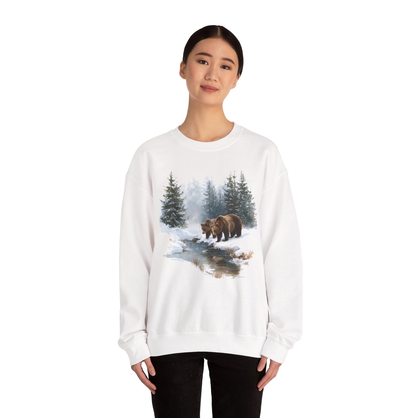 Grizzly Bears Wilderness Scene Sweatshirt, Retro Trees White Graphic Crewneck Fleece Cotton Sweater Jumper Pullover Men Women Designer Top