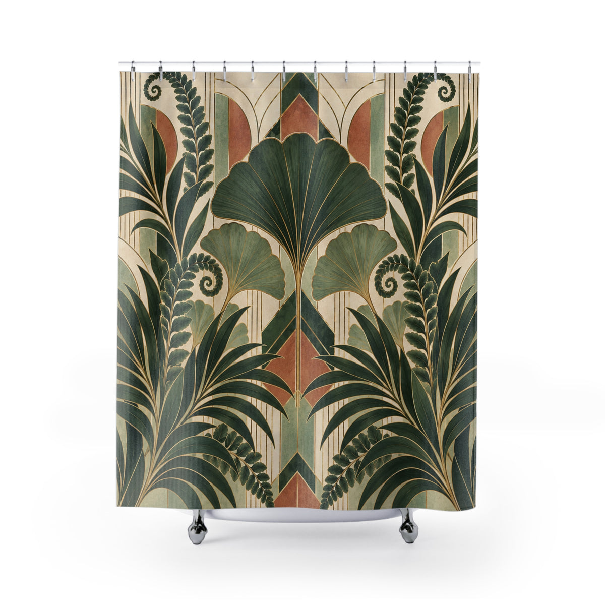 Art Deco Botanical Shower Curtain, Ginkgo Leaves Palm Fronds Ferns Plant Nature Waterproof Fabric Bathroom Decor Housewarming Gift 71" x 74"