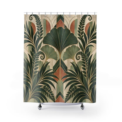 Art Deco Botanical Shower Curtain, Ginkgo Leaves Palm Fronds Ferns Plant Nature Waterproof Fabric Bathroom Decor Housewarming Gift 71" x 74"