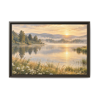Misty Meadow Lake Wood Framed Canvas, Wildflower Farmhouse Wall Art Print Artwork Decor Small Large Hanging Matte Landscape Square Poster