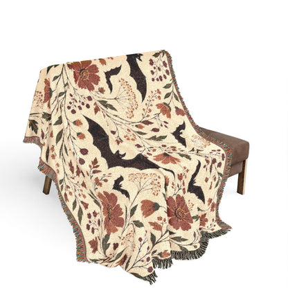 Bat Floral Woven Throw Blanket Tapestry, Halloween Autumn Fall Boho Cotton Fringe Warm Adult Kids Small Large Sofa Bed 50x60 Wall Hanging