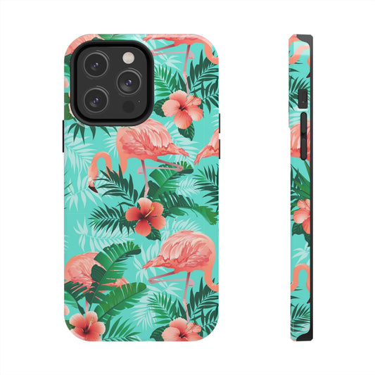 Flamingo iPhone 14 13 12 11 Pro Max Case, Green Tropical Monstera Print Cute Gift XS XR X 7 Plus 8 8F Tough Cell Phone