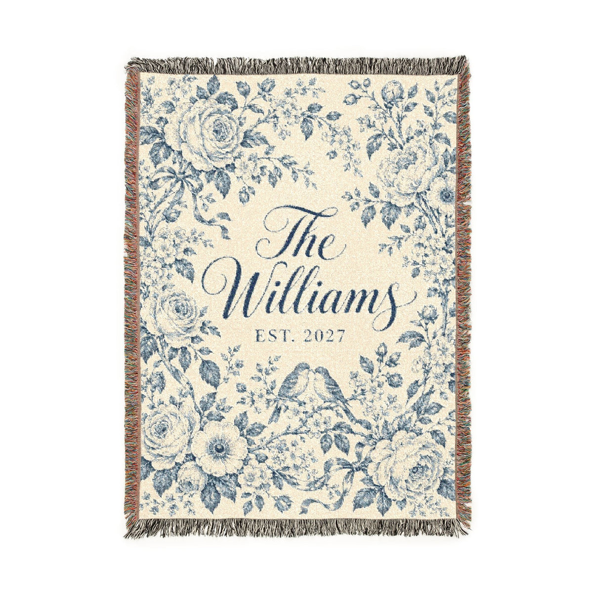 Custom Couples Blanket Throw Blanket Tapestry, Personalized Wedding Bridal Bride Anniversary Family Cotton Blue Toile Small Large Hanging