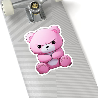 Pink Teddy Bear Sticker Decal, Grumpy Art Vinyl Laptop Cute Waterbottle Tumbler Car Waterproof Bumper Clear Aesthetic Die Cut Wall