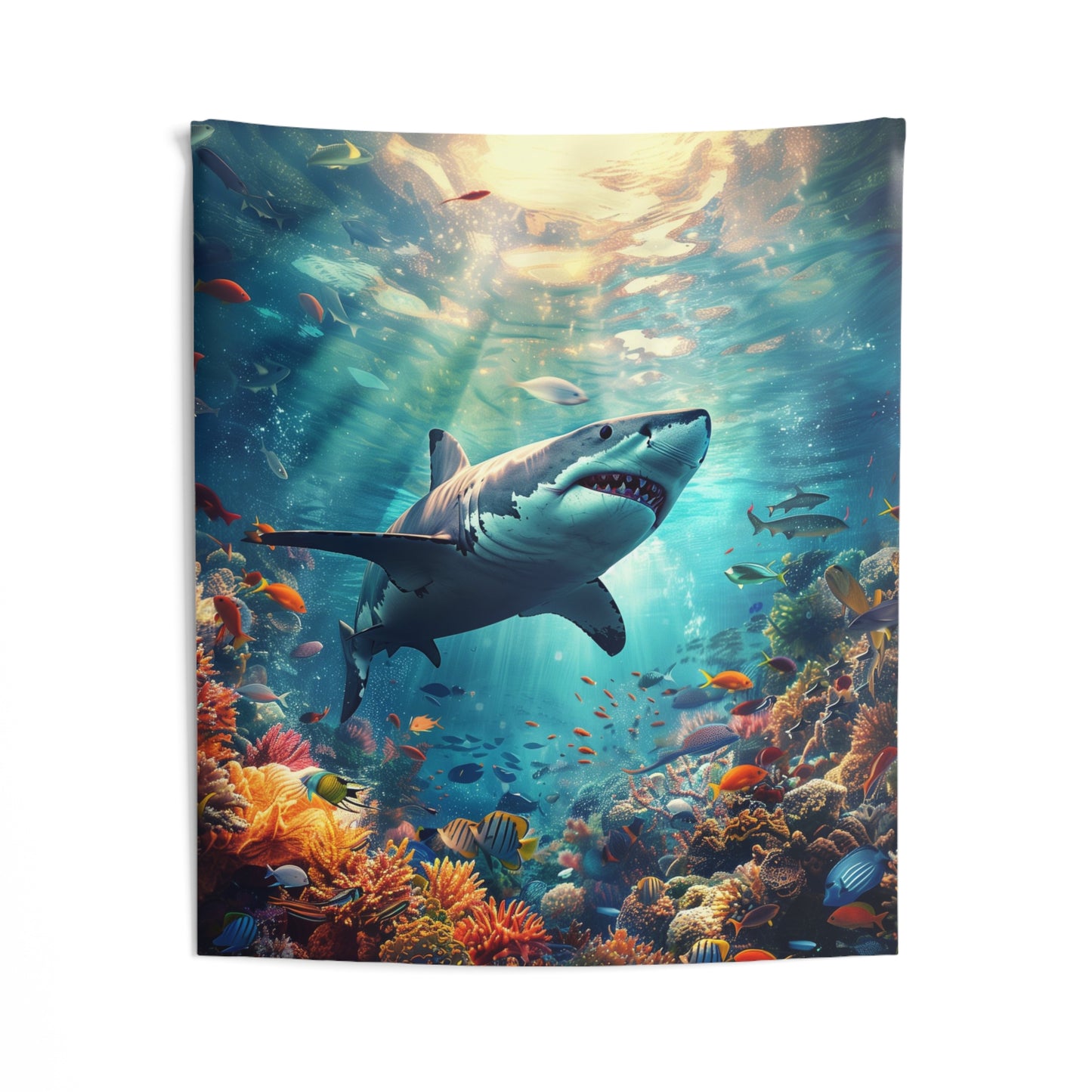 Great White Shark Tapestry, Coral Reef Ocean Sea Wall Art Hanging Cool Unique Vertical Aesthetic Large Small Bedroom College Dorm Room