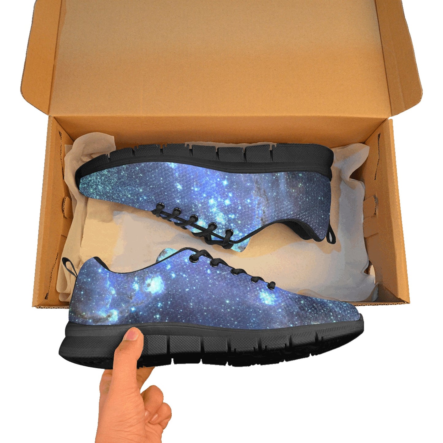 Galaxy Men Breathable Sneakers, Space Blue Stars Universe Pattern Print Lace Up Comfortable Designer Casual Mesh Dress Shoes Trainers