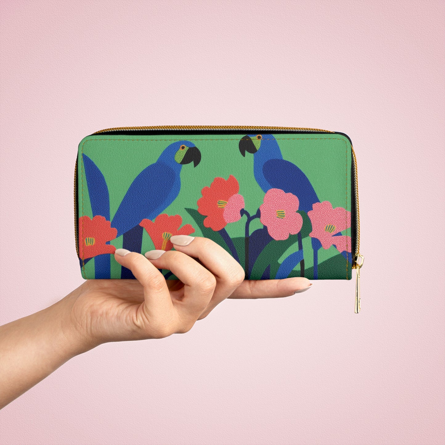 Macaw Parrots Leather Wallet Women, Flowers Bird Vegan Zipper Zip Around Coins Credit Cards Pocket Cash Ladies Female Pouch Clutch Purse