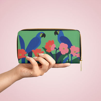 Macaw Parrots Leather Wallet Women, Flowers Bird Vegan Zipper Zip Around Coins Credit Cards Pocket Cash Ladies Female Pouch Clutch Purse